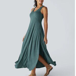 NWT Small Halara Teal U Neck Backless Split Flowy Maxi Casual Tank A-Line Dress